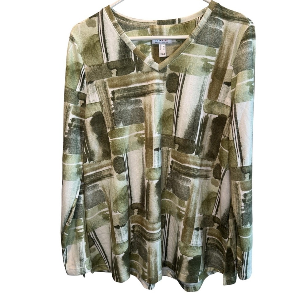 Denim & Co Womens Green Abstract V-Neck Long Sleeve Geometric Print Top S NEW